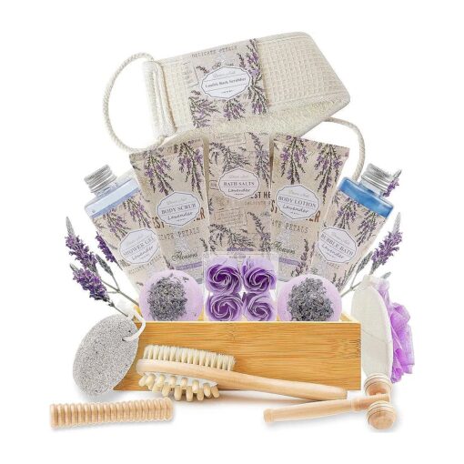 Luxury Spa Gift Baskets for Women in Lavender Essential, Christmas Birthday Gifts for Mom, 18pcs Bath Body Home Spa for Pampering Self Care with Bubble Bath Lotion Massager Roller Loofah scrubber