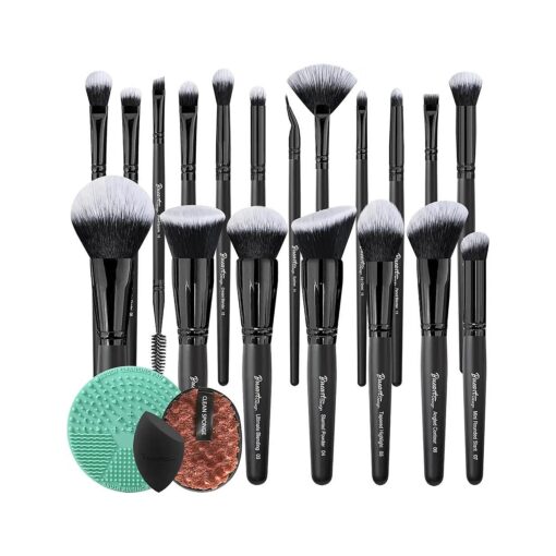 19Pcs Black labeled Makeup Brushes set Contains brush cleaning mat Beauty Sponge, Makeup Remover Pads, Foundation Face Contour Brush set for Blending Blush Concealers Eyeshadow