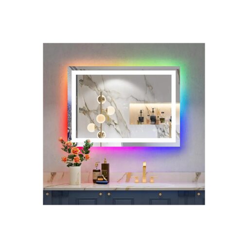 20x28 Inch RGB LED Bathroom Mirror Front Light and RGB Backlit Lighted Vanity Mirror for Bathroom Wall Mounted Dimmable Anti Fog Memory Shatter-Proof IP54 Waterproof Horizontal/Vertical