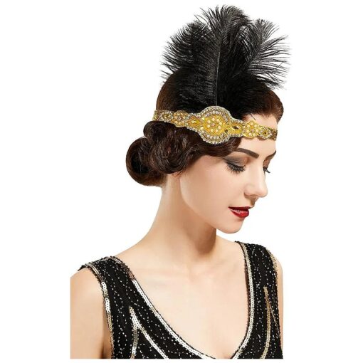 SWEETV 1920s Headpiece Flapper Headband, Feather Rhinestone Roaring 20s Great Gatsby Hair Accessories for Women, Yellow