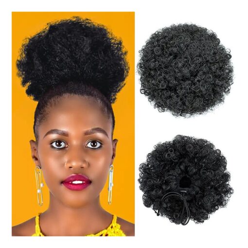 Afro Puff Drawstring Ponytail Extension for Black Women, Synthetic Short Kinky Curly Pony Tail Clip In On Hair Bun Hairpieces ( 1B #, Medium )