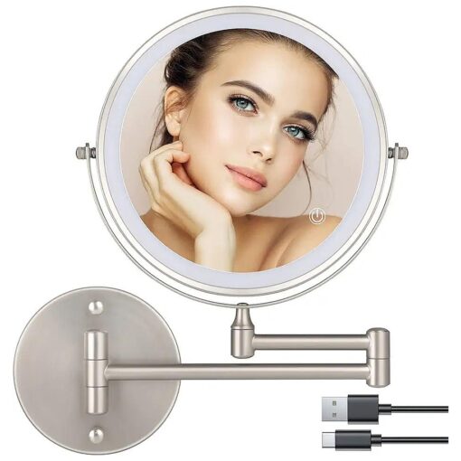 8" Wall Mounted Makeup Mirror,1X/10X Magnification Double-Sided 360deg Swivel Vanity Mirror 3 Color Lights Touch Screen Dimming Extendable Shaving Bathroom Wall Cosmetic Mirror for Men and Women-Nickel