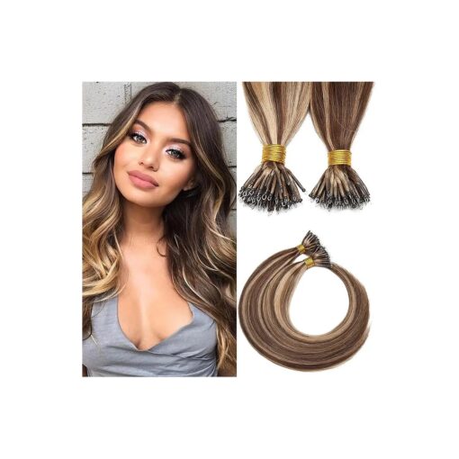 SEGO Nano Ring Human Hair Extension Pre Bonded Nano Tip Remy Hair Extensions Micro Nano Rings Beads Hairpiece Silky Straight 18 Inch # 4P27 Medium Brown & Dark Blonde 1g/strand 50g/pack