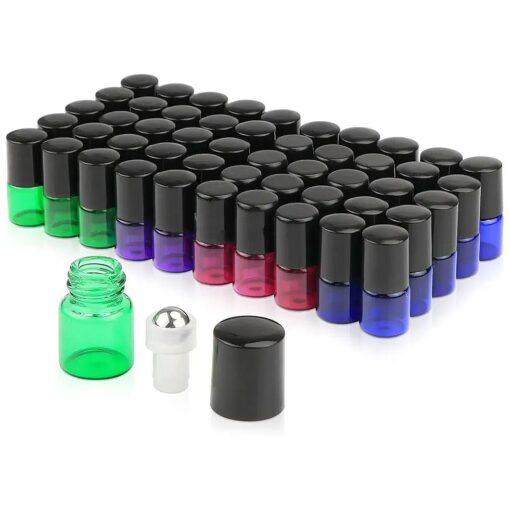 Pack of 50,1ml ( 1/4 Dram ) Glass Roll on Bottle Mixed Color Sample Test Roller Essential Oil Vials Stainless Steel Roller Balls With Black Cap For Aromatherapy, Perfume Oils-Pipette included