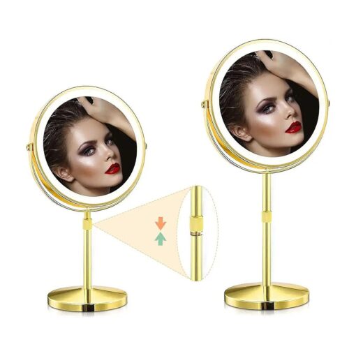 8" Makeup Mirror with Light, Height Adjustable with 3 Color Lights and 1x/10x Double Sided Rechargeable Magnifying Vanity Mirror,360degFree Rotation Desktop Light Up Mirror, Gold