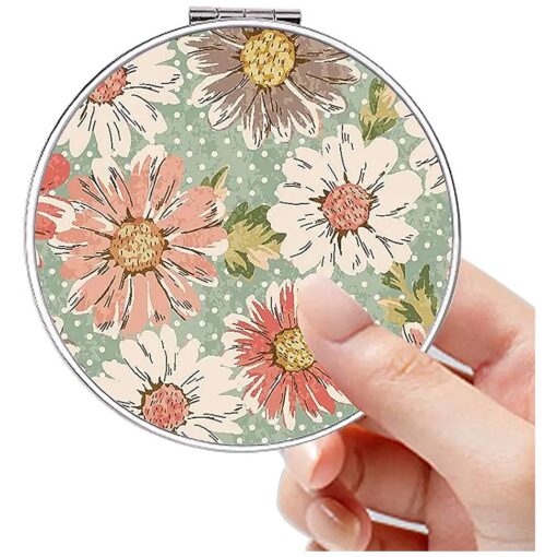 Acedada Compact Mirror, Pocket Mirror, Small Mirror for Purse, Portable Travel Makeup Mini Mirror, Folding Handheld Double-Sided 1x/2x Magnifying Compact Mirror for Women Girls Gift - Retro Flower