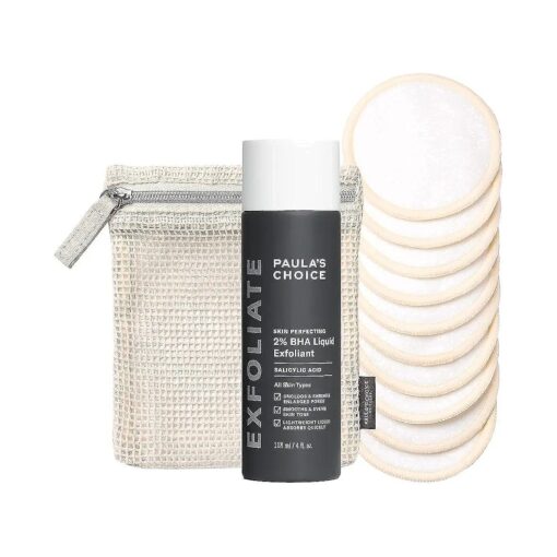 Paula 's Choice Skin Perfecting 2 % BHA Salicylic Acid Liquid Exfoliant & Reusable Cotton/Bamboo Pads Duo, for Toner, Exfoliants & Makeup Remover, Eco-Friendly, Fragrance-Free & Paraben-Free, Set of 2