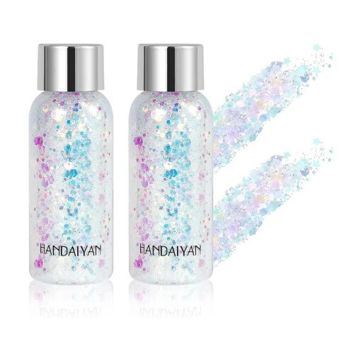 Mermaid Sequins Body Glitter Gel Set of 2 Bottle, Long Lasting Holographic Glitter Liquid Body Makeup for Women, Waterproof Face Glitter Gel Total 9 Colors Available ( # 9 White - ( 2 Bottle ) )