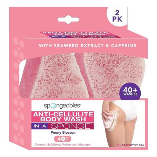 Spongeables Anti-Cellulite Body Wash in a Sponge, Moisturizer and Exfoliator, 20+ Washes, Peony Blossom, 2 Count