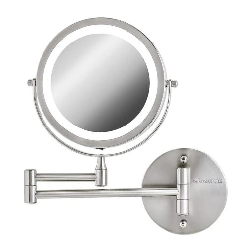 OVENTE 7" Lighted Wall Mount Makeup Mirror - 1X/ 10X Magnification, Battery Powered Glow Cosmetic Light up, Spinning 360-Degree, Double Sided LED, Extendable, Folding Arm, Nickel Brushed MFW70BR1X10X