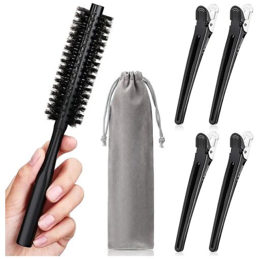 1.2 Inch Small Round Hair Brush for Short Hair, Boar Bristle Round Brush with 4 Pieces Hair Clips and Drawstring Bag Wooden Handle Brush for Beard Hair Styling Pixie Thin Hair and Bang