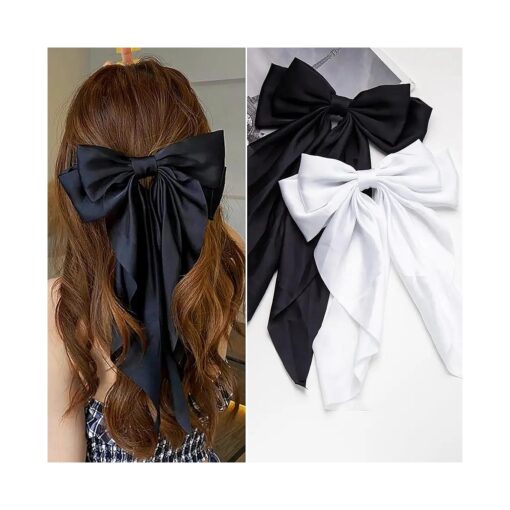 Hair Bows 2 PCS Ribbon Bow for Women, Hair Bows for Women, Hair Ribbons, Oversized Long-tail Cute Aesthetic Hair Accessories, Large Hair Barrettes for Women, Big Hair Bow, Big Bows for Girls ( Black White )