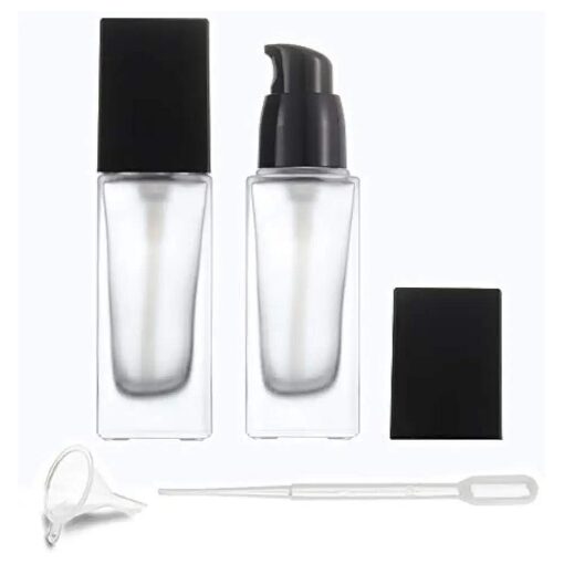 2 Pack 30ml/1 Oz Frosted Glass Foundation Bottle, Empty Refillable Square Lotion Bottle With Press Pump for Lotion Liquid Body Cream Cosmetic Travel Foundation Samples Vials-Pipette & Funnel Included