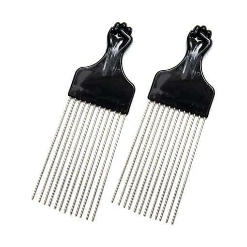 ( 2 Pack ) 8" Long Black Fist Metal Afro Pick Lift Hair Comb Detangle Wig Braid Hair Man Styling Comb