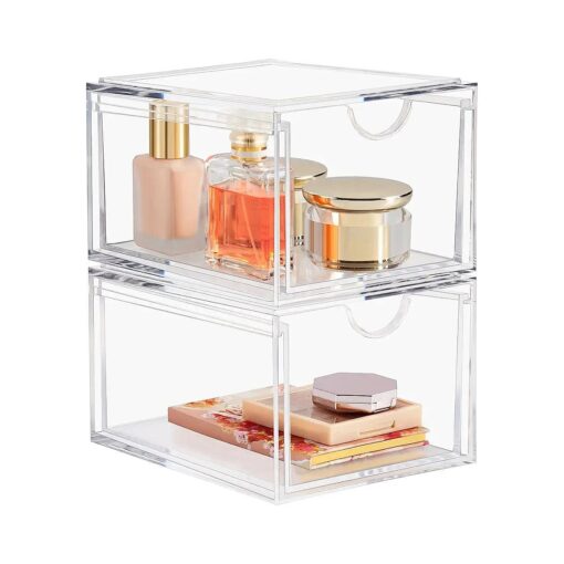 2 Pack Acrylic Stackable Storage Drawers Makeup Organizer, 20 % Thicker Clear Bathroom Organizers for Cosmetics, Skin Care, Hair Accessories, Beauty, Vanity, Countertop and Dresser