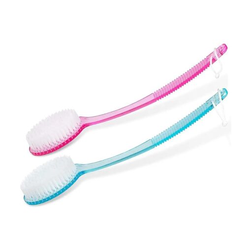 Bath Brushes with Bristles, Long Handle for Exfoliating Back, Body, and Feet, Bath and Shower Scrubber, Pink & Blue ( 2 Pack )