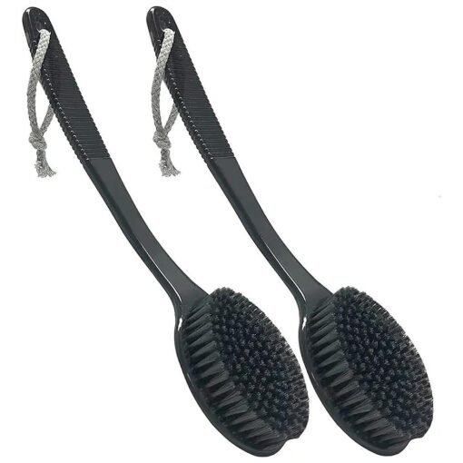 Back Bath Brush - Curved Long Handle Shower Brush with Medium Stiff Charcoal Bristles for Cleaning and Exfoliating Body, Back Scrubber for Men & Women ( Black 2 Pack )