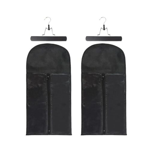 2 Pack Wig Hair Extensions Storage Bag with Wooden Hanger Portable Wig Storage Bags Dust-proof Wig Bag ( Black )