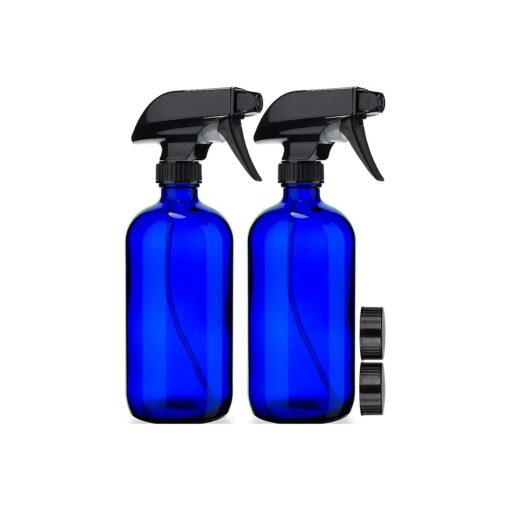 Empty Blue Glass Spray Bottles ( 2 Pack ) - BPA Free - Large 16 oz Refillable Bottle for Plants, Pets, Essential Oils, Cleaning Products - Black Trigger Sprayer w/Mist and Stream Settings