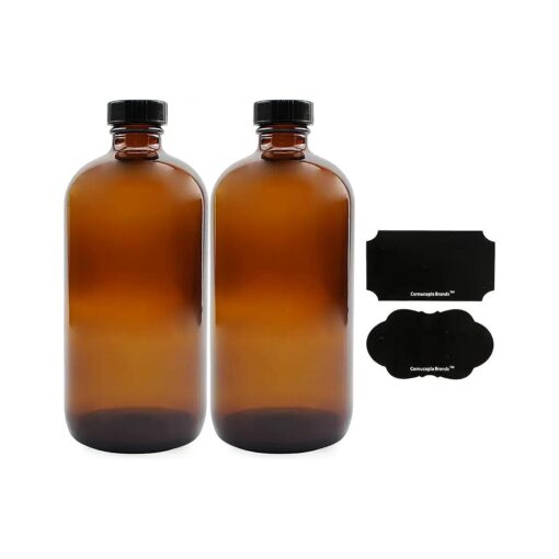 Cornucopia 16oz Amber Glass Bottles with Reusable Chalk Labels and Lids ( 2 Pack ), Refillable Brown Boston Round Bottles, with Black 28-400 Caps