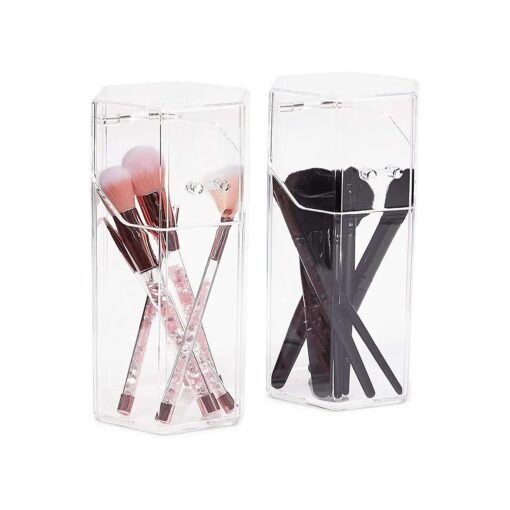 2-Pack Clear Acrylic Makeup Brush Holder with Lids - Covered Hexagon Cosmetic Organizer and Storage for Brushes, Mascara, Eyeliner, Beauty Supplies ( 4.3x3.9x8 in )