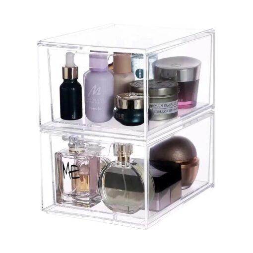 2 Pack Clear Makeup Organizer for Vanity Stackable Acrylic Cosmetic Display Case For Bathroom Under Cabinet Organizers And Storage Drawer For Make up Nail Polish Craft Organizing