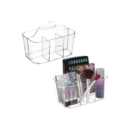 mDesign Plastic Makeup Storage Organizer Caddy Tote, Divided Basket Bin, Handle for Bathroom, Hold Eyeshadow Palettes, Nail Polish, Brushes, Shower Essentials, Small, Lumiere Collection, 2 Pack, Clear