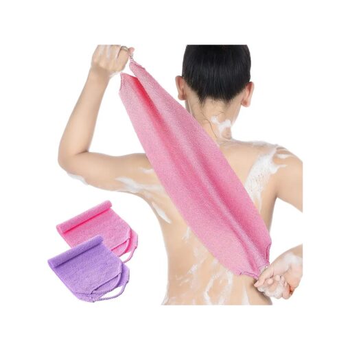 Back Scrubber for Shower Exfoliating Washcloth Back Cloth Body Extended Length Scrubber Towel Nylon Exfoliating Stretchable Pull Strap Wash Cloth for Bath Body Scrub Washcloth 2 Pack ( Pink, Purple )