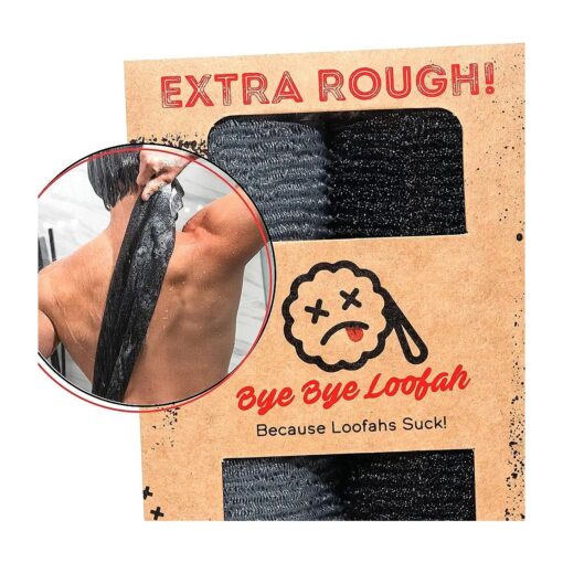 Extra Rough Exfoliating Washcloth - Extreme Body & Back Scrubber for Shower, Extra Long, Hygienic Exfoliator Wash Cloth, Men Or Women, 2 Count Pack, 1 Black & 1 Grey Color, Bye Bye Loofah