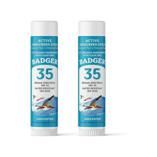 Badger Face Sunscreen Stick SPF 35 with Mineral Zinc Oxide, Travel Size Sunscreen, 97 % Organic Ingredients, Reef Friendly SPF Stick Sunscreen for Face, Unscented, 0.65 oz ( 2 Pack )