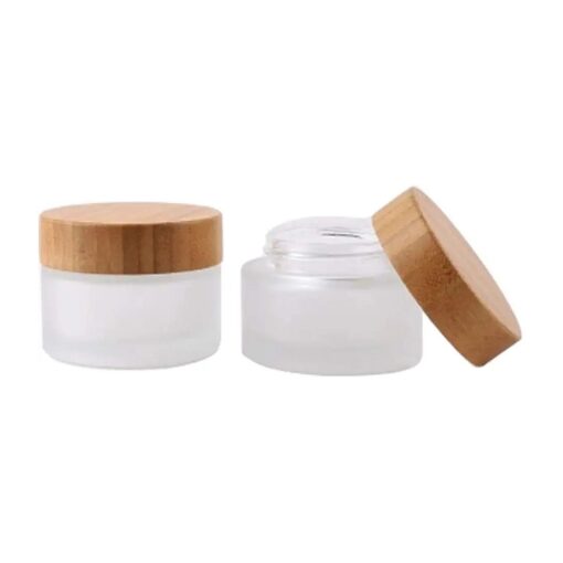 2 Pack 50ml/1.7oz Frosted Glass Cosmetic Cream Jar Bottle Refillable Glass Face Cream Pot Cosmetics Container With Bamboo lids and Inner Liners For Travel DIY Sample Eyeshadow Essential Oils