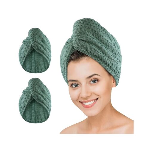 Microfiber Hair Drying Towel - 2Packs Waffle Long Hair Head Turban Wraps Terry Cloth Fast Absorbent Dry Anti Frizz Twist Plopping Curly Shower Turban for Women Wet Hair ( Green )