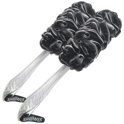 Loofah-Charcoal Back-Scrubbers 2-Pack-by-Shower-Bouquet : Long-Handle Bath-Sponge-Brushes with Extra Large Soft Mesh for Men & Women - Exfoliate with Full Pure Cleanse in Bathing Accessories