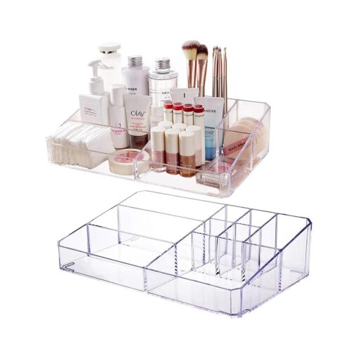 Jucoan 2 Pack Makeup Organizer Tray, Clear Acrylic 9-Compartment Vanity Cosmetic Storage Palette Tray, 12.5 X 7.5 X 3 Inch Makeup Display Case for Brush, Eyeshows, Skin Care Products