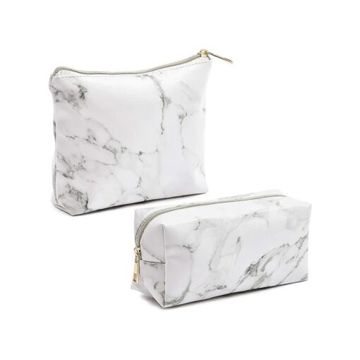 Set of 2 White Marble Makeup Organizer Bag, Cosmetic Storage Pouch, Travel Toiletry Case