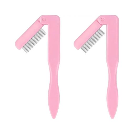 G2PLUS Folding Eyelash Comb, 2PCS Metal Teeth Eyebrow Comb, Eyelash Comb Separator Professional Makeup Tool for Define Lash and Brow ( Baby Pink )