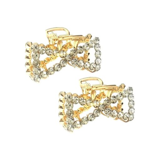 ( 2 Pack ) 2" Mini Vintage Metal Crystal Rhinestone Hair Jaw Claw Clip ( Gold Tone )