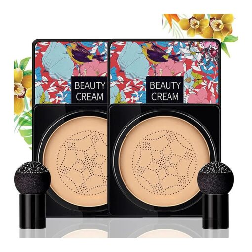 2 Pack Mushroom Head Air Cushion CC Cream Foundation, Full Coverage Liquid Concealer Makeup Foundation with Two Mushroom Head Sponges