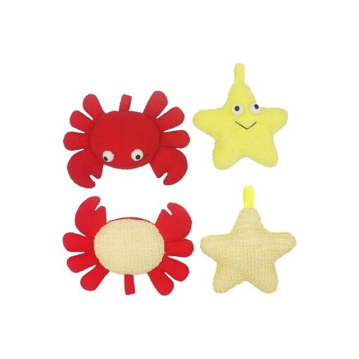 ( 2 Pack ) Animal Body Scrubber Natural Linen Shower Ball for Toddler Kids Gentle Exfoliating Bath Sponge Loofah Pouf in Yellow Starfish Red Crab with Cute Big Eyes Design