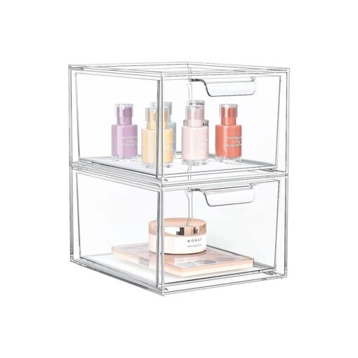 2 Pack Stackable Makeup Organizer and Storage, Acrylic Organizers, Clear Plastic Storage Drawer with Handles for Vanity, Undersink, Kitchen Cabinets, Pantry