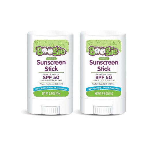 Baby Sunscreen Stick by Boogie Block, Mineral Sunscreen SPF 50, Travel Size Sunblock for Kids, Zinc Oxide, Water Resistant, Vegan, Fragrance Free Pack of 2