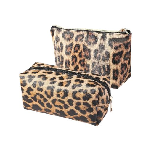 FITINI 2 Pcs Leopard Makeup Bag Travel Cosmetic Case Portable Multifunction Toiletry Bags Organizer Brushes Storage Bags with Gold Zipper for Women Clutch Purse