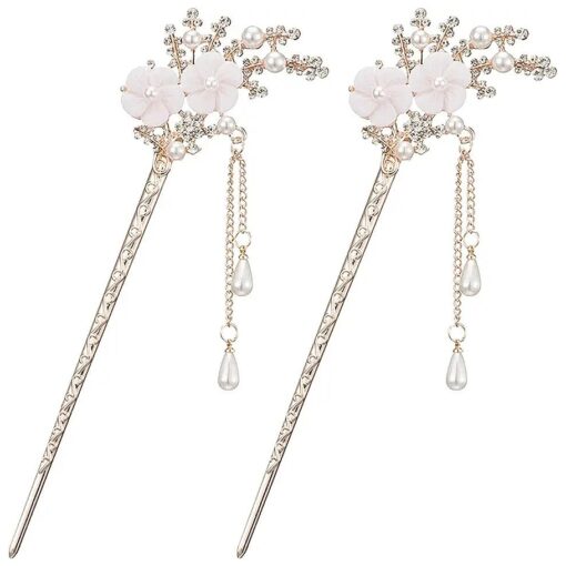 2 Pcs Rhinestone Pearl Flower Hair Stick Chinese Hair Chopsticks Vintage Tassel Hair Pin Chignon Pin Chopsticks Hair Styling Hair Making Accessories for Women ( White ) 1