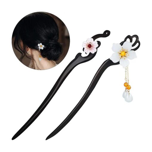 2 Pcs Chinese Hair Sticks Flower Retro Hair Stick Pin, wooden Hair Chopsticks with Tassel Handmade Hairpin for Women Girl, Hanfu Dressing Accessories