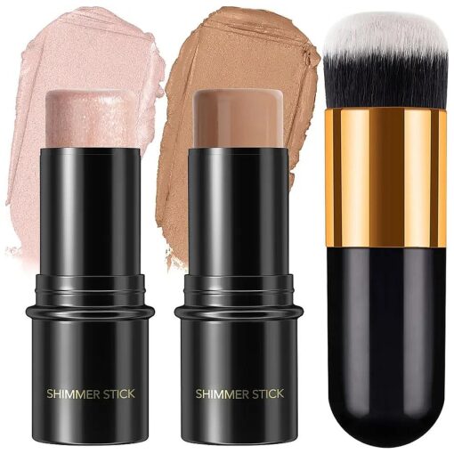 2Pcs Cream Contour Stick Makeup Kit, Cream Highlighter Stick and Bronzer Contour Stick with Longwear Waterproof Formula for Brightening and Trimming the Cheeks, Makeup Brush Include ( # 03, 09 )