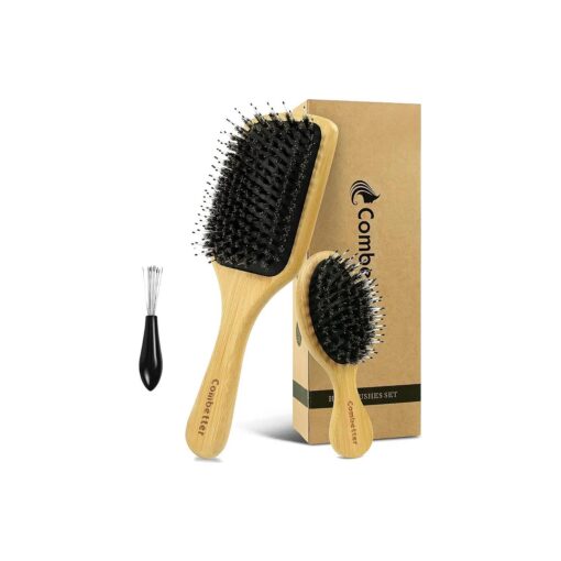 2Pcs Boar Bristle Hair Brush Set by Combetter, Natural Bamboo wooden Travel brushes Detangler Shine Smoothing Hair, for Women Men Kids, with Gift Box