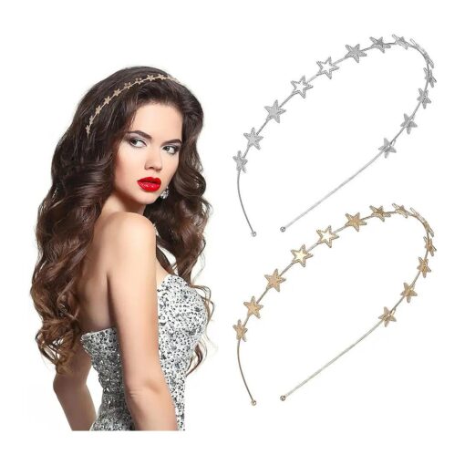 2 Pieces Star Headbands for Women Girls Star Rhinestone Hair Hoop Head Band Pearl Headwear Headdress Wedding Headpiece for Bride Gold Silver Metal Hair Bands Accessories