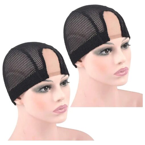 2 Pcs 1.4X3 Inch U Part Wig Cap for Making Wig Medium Brown Lace Wig Cap Dome Mesh Stretch Weaving Wig Caps ( Medium Black )