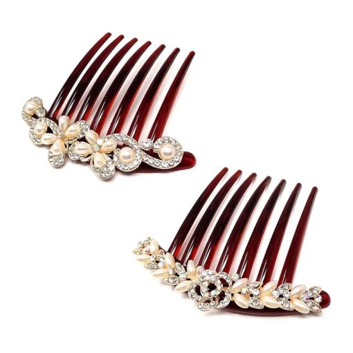 Honbay 2PCS 7 Teeth Hair Side Combs Pearl Crystal Rhinestone Floral Twist Combs Rhinestone Flower Hairpin Decorative Hair Combs Accessories for Women ( 2 Style )