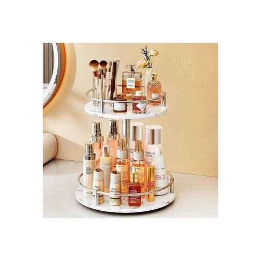 SAYZH Makeup Skincare Organizer for Vanity - 2 Tier Rotating Perfume Cosmetic Display Rack Bathroom Marble Tray Organizer, White